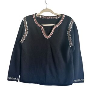 Vintage Knit Sweater Black Embroidered V‎ Neck Goth Withcore Grandma Large